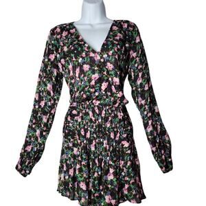 Veronica Beard Silk Floral Mini Dress XS Black Pink Ruched Luxury Designer Boho